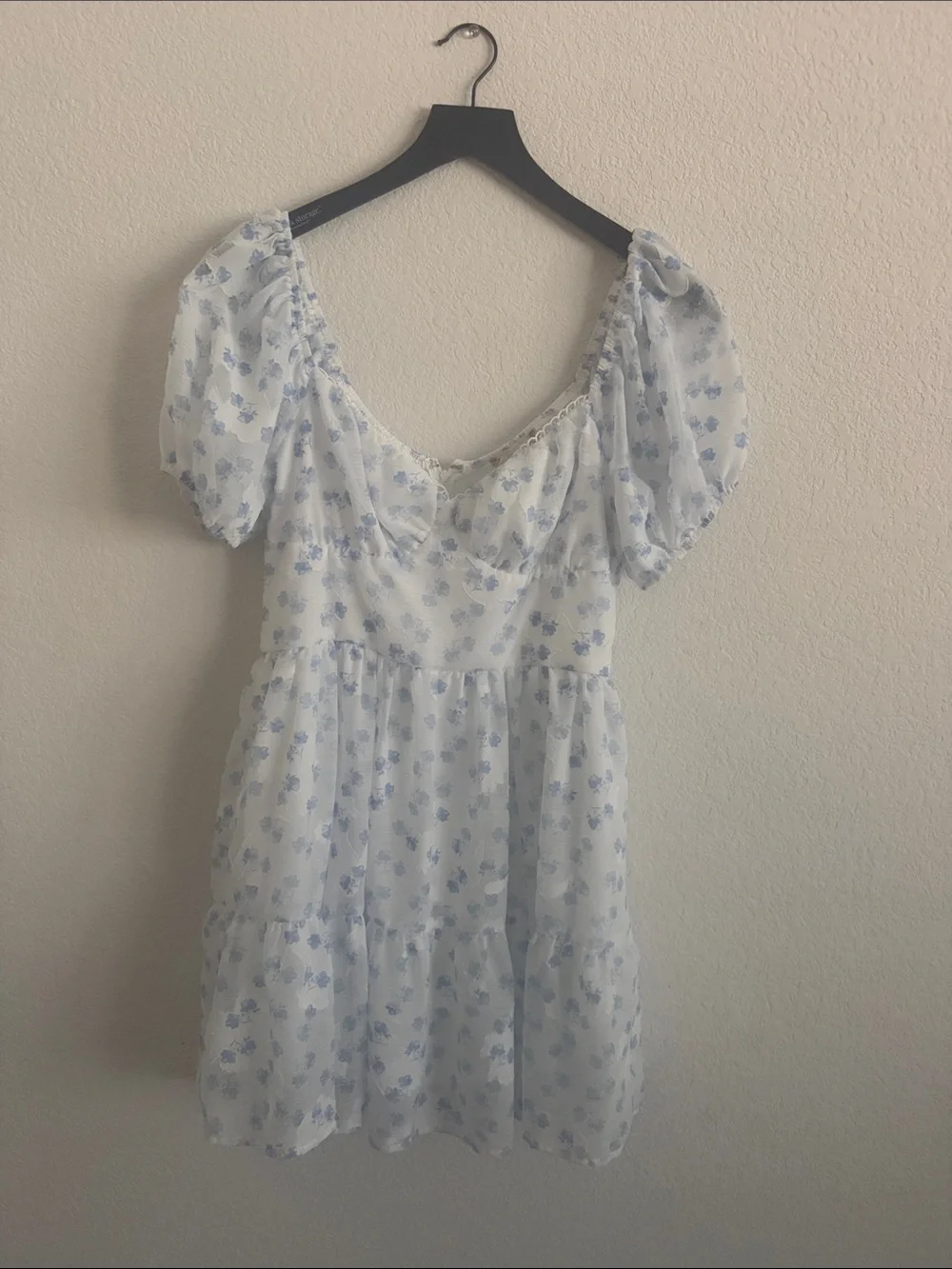 Altar'd State White and Light Blue Floral Puff-Sleeve Kids Dress